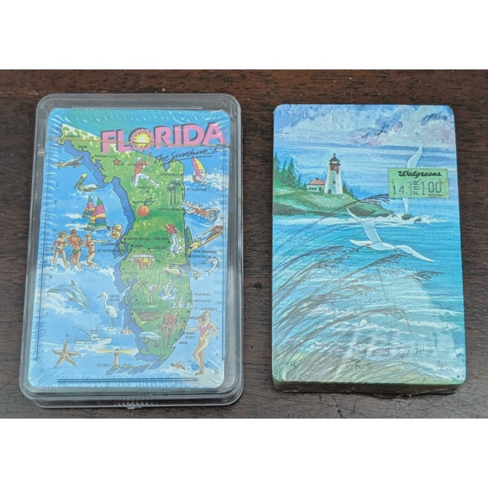 Vintage Souvenir Playing Cards Lot Florida Map Lighthouse Seagulls 2 Sealed Deck